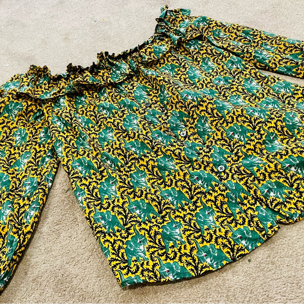 Women's J. CREW Ratti Elephant Ruffle Top Shirt Button Size 0 Off The Shoulder